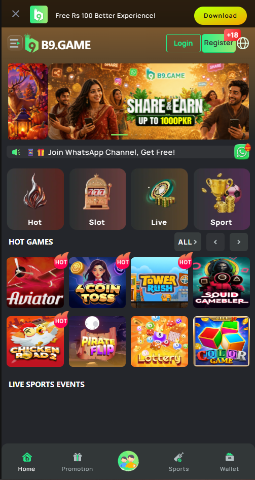 B9 Game app home screen showing hot slot games